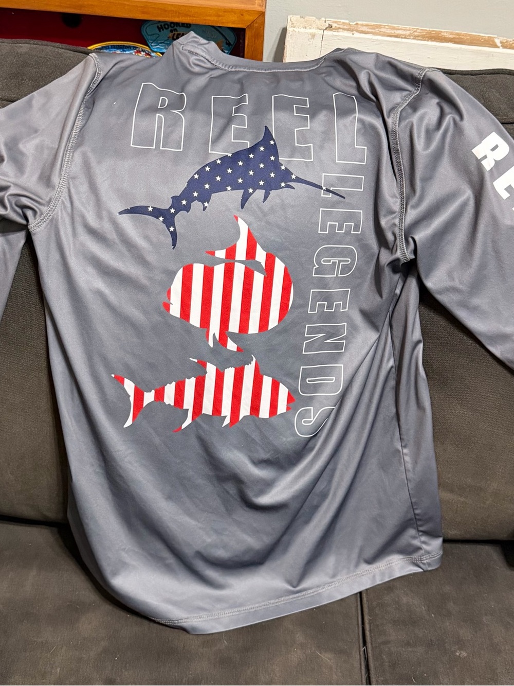 Reel Legends Men's Gray Long Sleeve Shirt with American Flag Fish Graphics